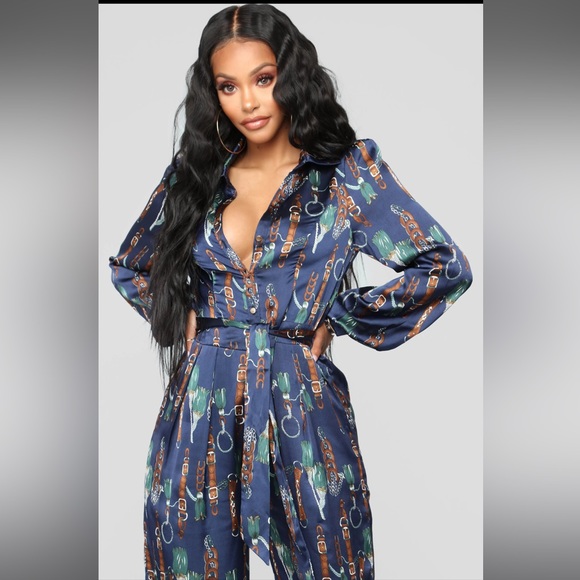 Navy Satin Jumpsuit long sleeve / chain print - Picture 2 of 10